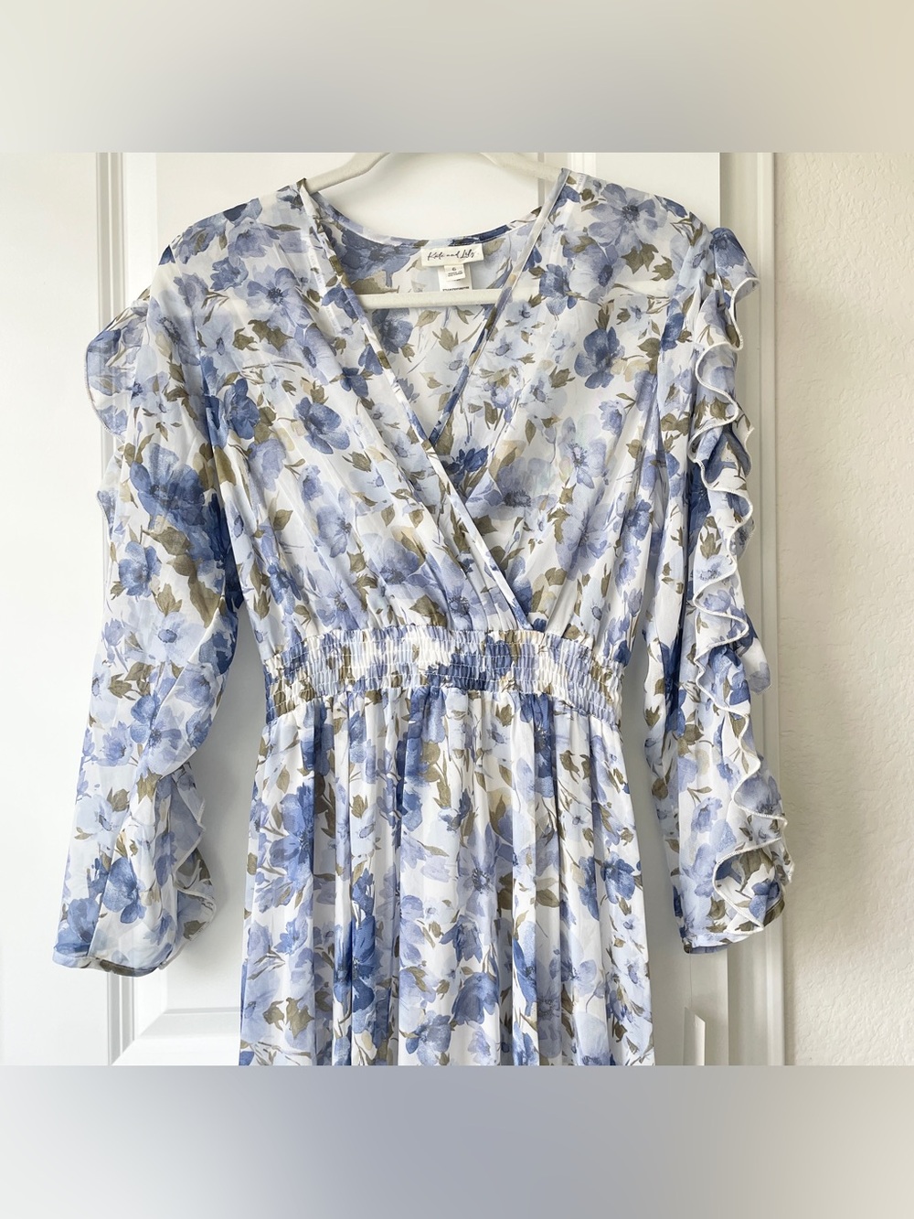Womens Blue Floral Wrap Maxi Dress Ruffle Sleeves VNeck Boho Summer Wedding Chic - Picture 3 of 14